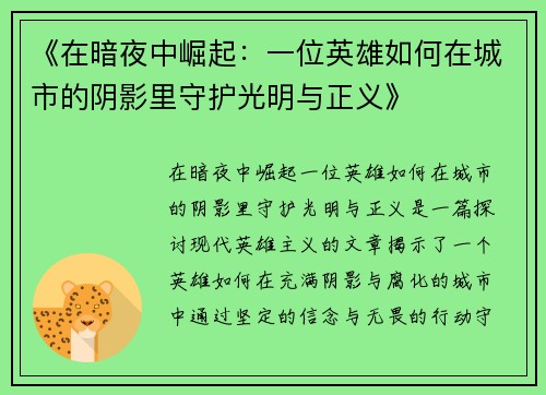 《在暗夜中崛起：一位英雄如何在城市的阴影里守护光明与正义》