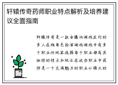 轩辕传奇药师职业特点解析及培养建议全面指南