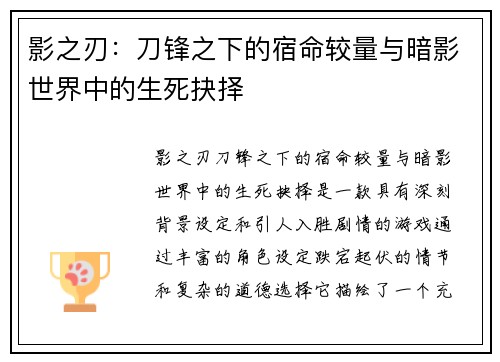 影之刃：刀锋之下的宿命较量与暗影世界中的生死抉择