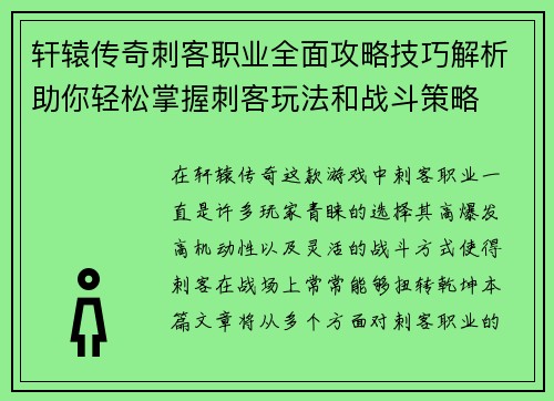 轩辕传奇刺客职业全面攻略技巧解析助你轻松掌握刺客玩法和战斗策略